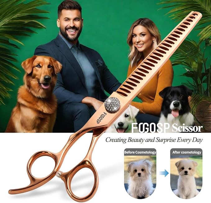 Left Handed Professional Chunkers Dog Grooming Scissors 7.5'' Rose Gold Titanium Thinning Shears for Large Dogs Poodle Pet Grooming Shears Japanese 440C 70% Thinning Rate 26 Teeth(7.5,Chunker)