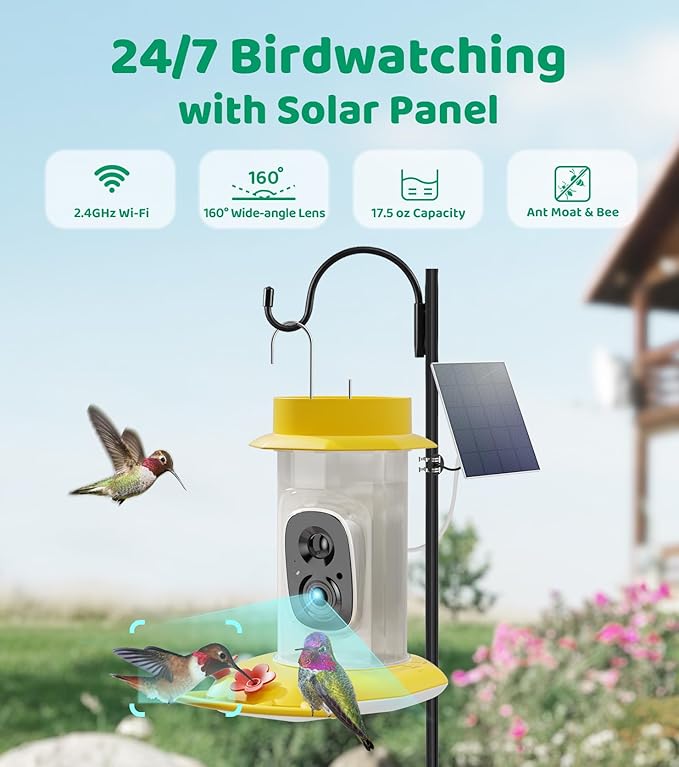 HIXX Smart Hummingbird Feeder with Camera Solar Powered, with Ant Moat & Bee Proof AI Bird Recognition, Easy Clean & Refill, with Coolfly Birdwatching APP, Ideal Gifts for Hummingbird Lover (Pink)