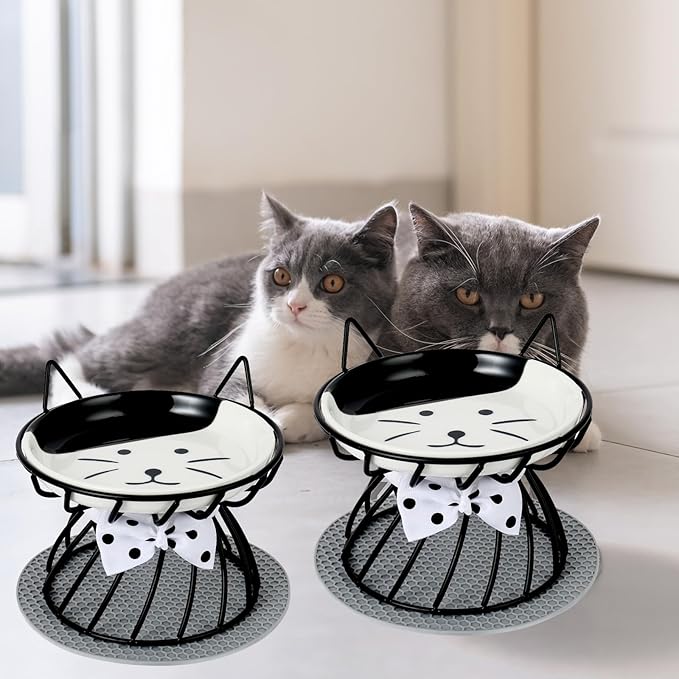 2PCS Ceramic Elevated Cat Bowls, Raised Pet Food Bowl Whisker Friendly, Anti-Vomiting Food Plate with Cute Metal Stand, Shallow Food Plate for Indoor Cat, Protects Spine