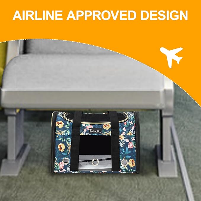 Petmolico Cat Carrier Soft-Sided Pet Bag for Small Medium Cats Puppies 16LBs - Airline Approved Pet Travel Carrier 3 Open Doors (Medium,Green Peony)