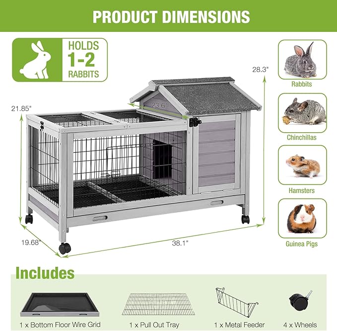 GUTINNEEN Rabbit Hutch Bunny Cage with Removable Wire Floor, Indoor/Outdoor Guinea Pig Cages with Leakproof Pull-Out Tray, 4 Lockable Wheels & Run Space