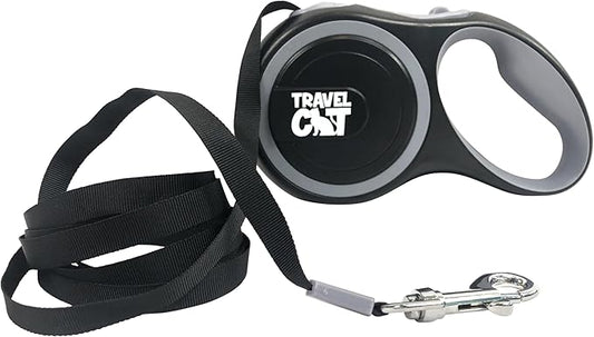 Travel Cat Retractable Expandable Leash - Black 10 Ft Long Strong Tape, Release/Lock Button and Anti-Slip Handle for Small to Large Cats - Light Pet Leash for Walking, Training