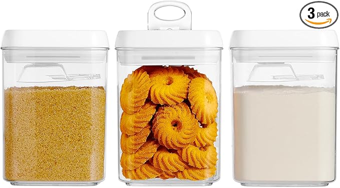 Felli Flip Tite Storage Container with Built-In Spoon & Airtight Lid 5” Large-M Ring Flip Top, Stackable Acrylic Canister for Rice Sugar Flour Protein Powder, Kitchen Pantry Organizer (1.8qt)