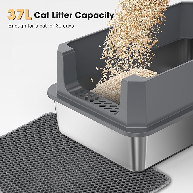 FURTIME Stainless Steel Litter Box with Lid, Large Metal Cat Litter Box for Big Cat, Large Cat Box High Sided with Non-Stick, Odor-Resistant, Anti-Urine Leakage, Easy Cleaning, Includes Scoop and Mat