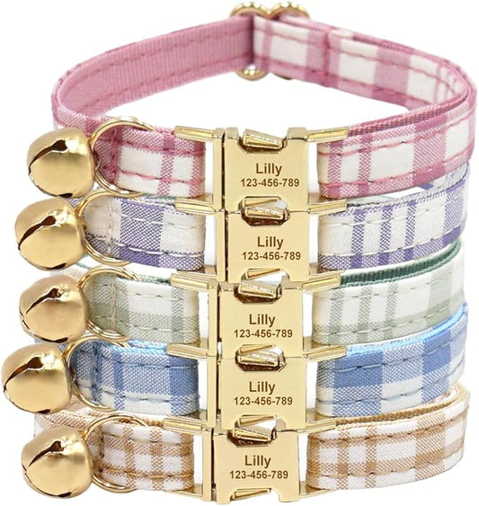 Personalized Cat Collar with Engraved Name Phone Number for Boy and Girl Kittens (Plaid)