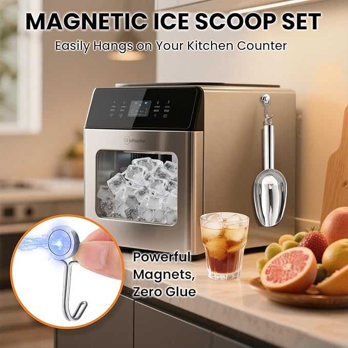 12oz Stainless Steel Ice Scoop for Freezer with Magnetic Hook– Dishwasher Safe Ice Scooper for Ice Machine with Long Handle – Metal Scoop for Ice Bucket, Dog Food, Flour, Canisters