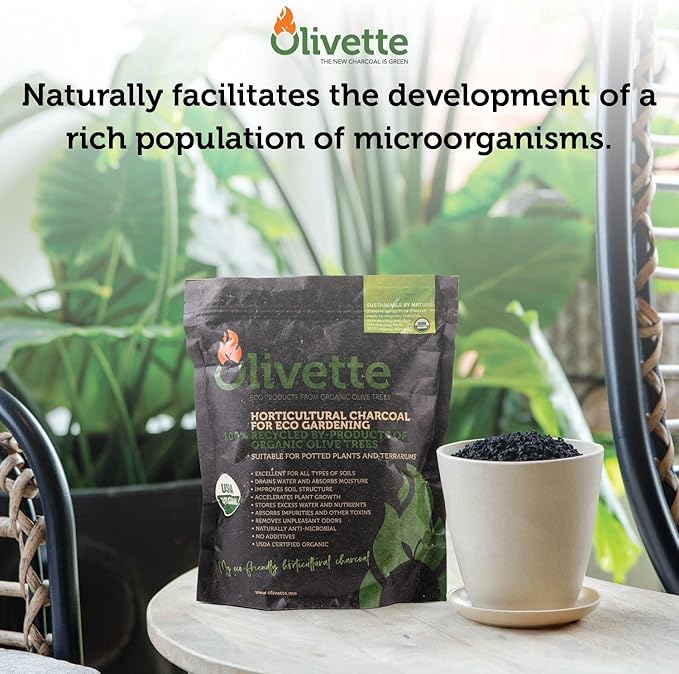 Olivette Horticultural Biochar Activated Charcoal for Plants, USDA Organic Moisture Control for Terrarium Trees & Potted Plants, Eco-Conscious, 1 Bag