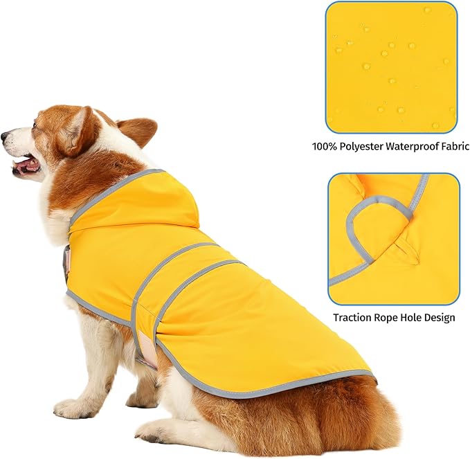 Dog Raincoat for Medium Dogs Waterproof Hooded Rain Jacket with Reflective Strips Leash Hole & Poncho Adjustable Fit (Yellow,L)