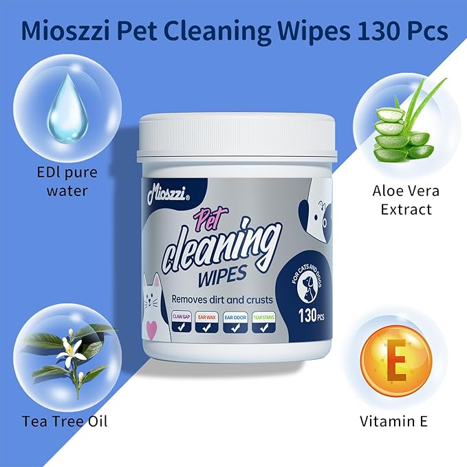MIOSSZI Pet Cleaning Wipes Bundle, Dog & Cat Grooming Wipes, 160 Count Body Wipes, 130 Count Eye Wipes, Hypoallergenic with Coconut Oil & Aloe Vera for Paws, Face, Fur & Tear Stains
