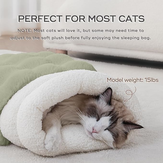 Cat Sleeping Bags for Indoor Cats Self Warming Cat Bed Fits up to 15 lbs Pets Soft Plush Warm Bed 360° Wrap Bag Washable Comfortable Pet Sleeping Bed 21" × 17" Green