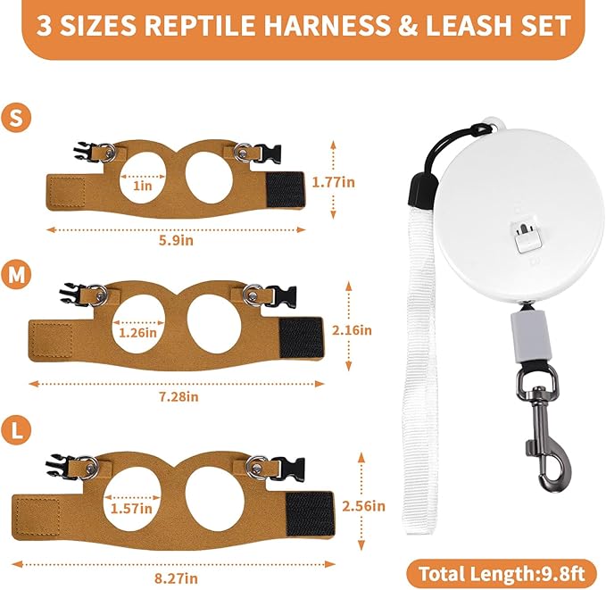 3 Pack Bearded Dragon Leash and Harness Set, Retractable 9.8FT Leash with 3 Sizes Adjustable Soft Harness for Reptile Small Animals Walking, Cute Lizard Vest Clothes for Reptile Lovers -Brown
