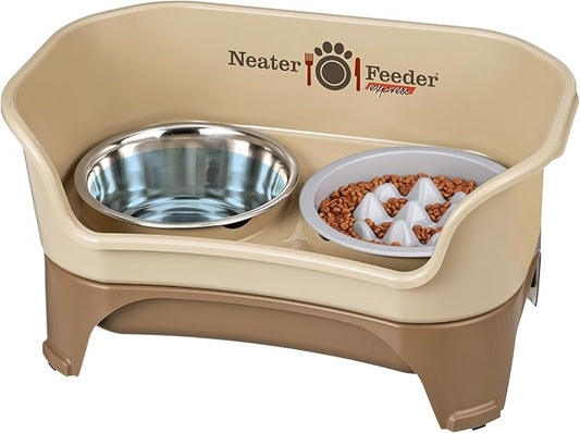 Neater Feeder Express Mess Proof Dog Bowls Elevated for Medium and Large Breed – Made in USA – No Spill Raised Slow Feeder Elevated Dog Bowl Stand, Slow Feed Food and Water Bowl Set, Cappuccino