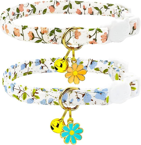 2 Pack Cotton Breakaway Cat Collars Set with Bell and Flower Pendant, Cute Floral Fruit Patterned, Adjustable 7.5-11Inch, Include A Mouse Toy Gift
