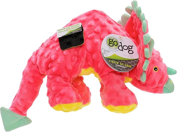 goDog Dinos Frills Squeaky Plush Dog Toy, Chew Guard Technology - Pink, Large