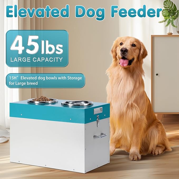 Large Elevated Dog Bowls with Storage,15" H Raised Bowl for Dogs 2-in-1 Airtight Pet Food Storage Holds Up to 45 Lbs2 Removable Stainless Steel Bowls for Medium & Large Dogs