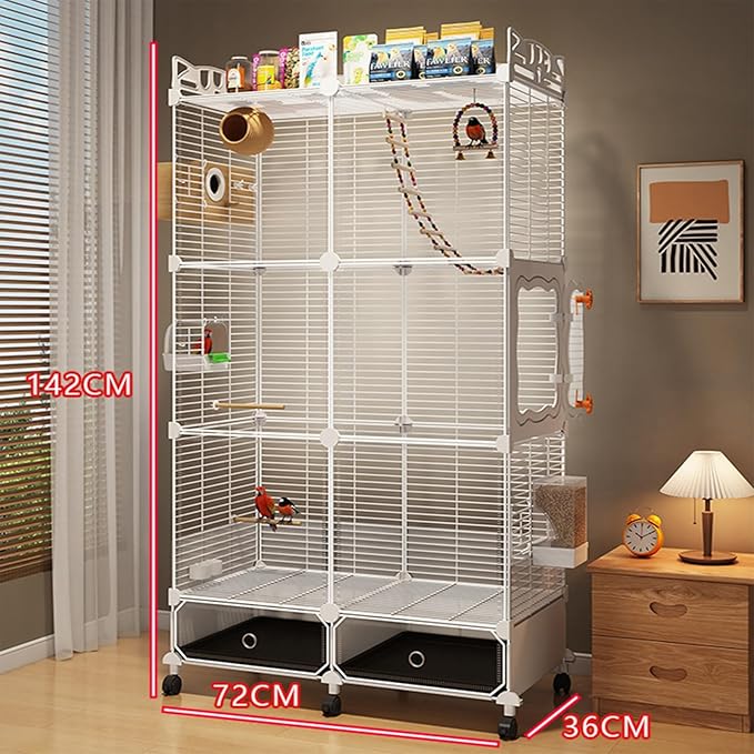 Large Parrot Cage with Acrylic Doors, 4 Casters, Perch & Feeder, Detachable Drawer, Ideal for Cockatiels, Budgies, Conures, Indoor/Outdoor Use – Spacious White Birdcage(White,72 * 36 * 142)