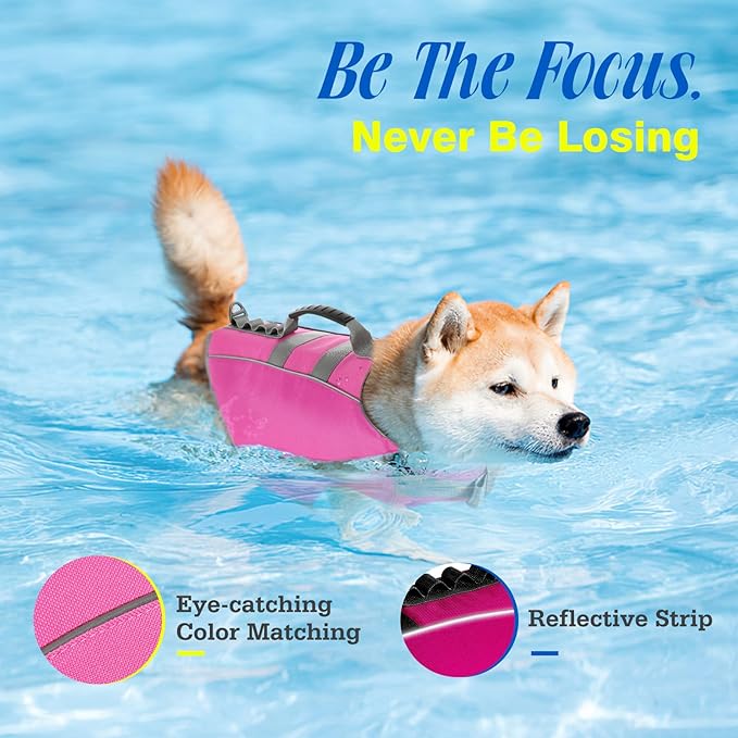 Pawaboo Dog Life Jacket, Reflective Dog Safety Vest Adjustable Pet Life Preserver with Strong Buoyancy & Sturdy Rescue Handle, Ripstop Dog Lifesaver Vests for Swimming, Boating, L, Pink