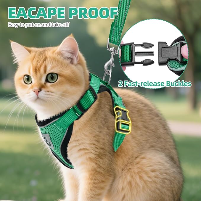 PUPTECK Cat Harness and Leash Set Escape Proof Reflective Cat Walking Harness Adjustable Soft Breathable Mesh Vest for Small Pets, Dark Green, S