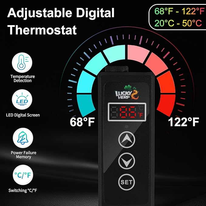 LUCKY HERP Reptile Heating Pad 24W 8X18 Inch with Thermostat, Under Tank Heater Terrarium Warmer Heat Pad and Digital Thermostat Controller for Hermit Crab, Turtles Lizards, Reptile