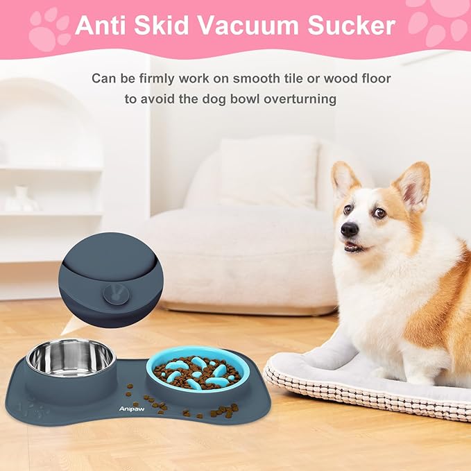 Slow Feeder Dog Bowls 3 in 1 Stainless Steel Dog Food and Water Bowls with Non-Spill and Non-Skid Silicone Mat to Slow Down Eating for Large Medium Small Breed Size Dogs and Cats