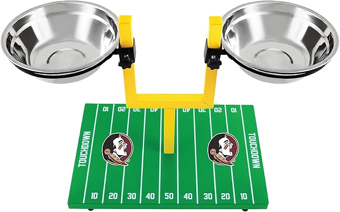 NCAA Florida State Seminoles Goalpost Football Field Dog Feeder – Adjustable Elevated Dog Bowls with Stand, 2 Stainless Steel Bowls, Non-Slip Rubber Feet, Raised Pet Feeder for Large & Small Dogs