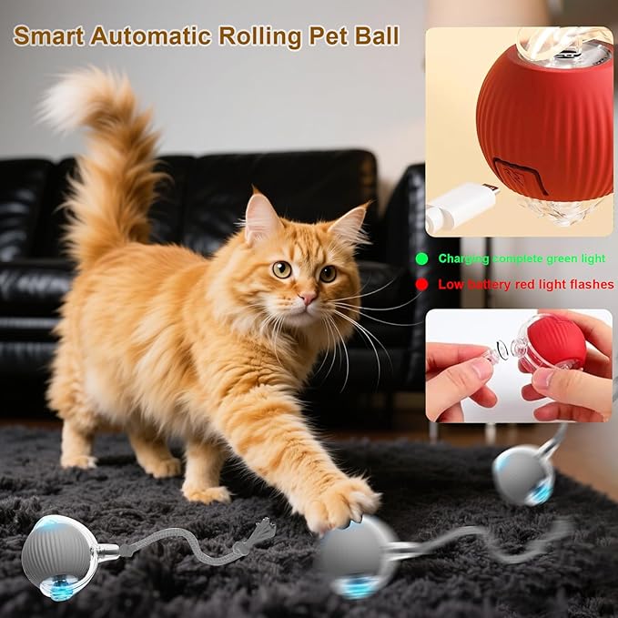 Interactive Cat Toy, 2025 New Interactive Rolling Cats Dog Toy Balls 360° Smart Automatic Rolling Pet Ball, Fast Moving Toy for Dog,Cat Ball Toy (Grey)