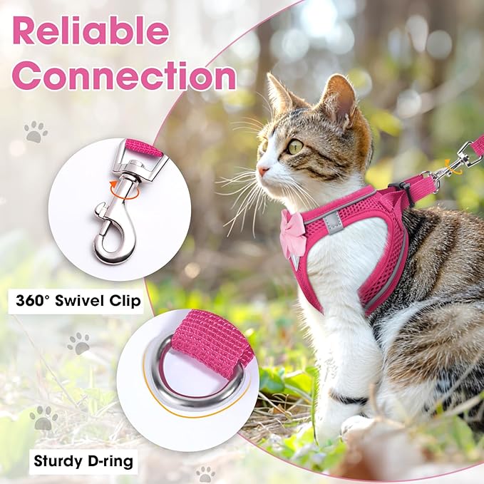 Cat Vest Harness and Leash Set for Walking Escape Proof, Adjustable Kitten Harness Breathable Mesh with Reflective Strips Harness for Kitty Puppy Bunny (Pink,S)