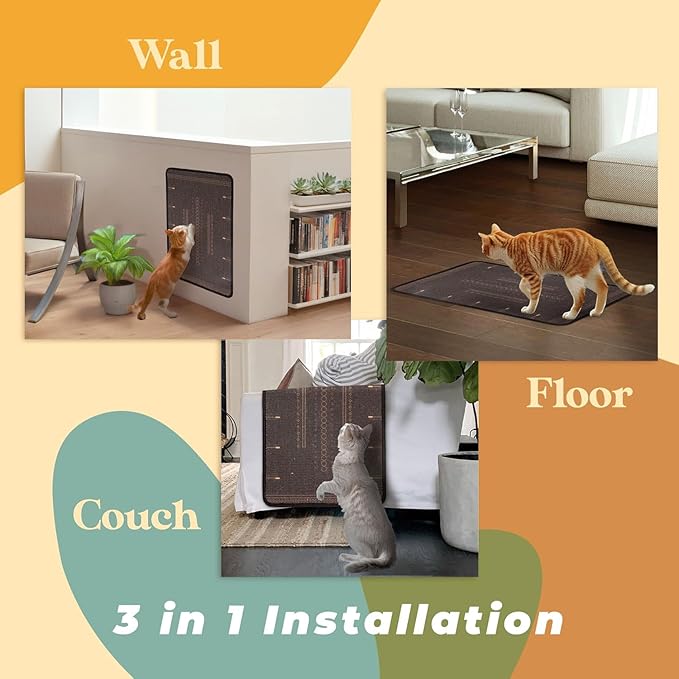 SCRATCHABLE Sisal Cat Scratcher, [+ Catnip Fish Toy] Cat Wall Scratcher, Couch Protector from Cat Scratching, 24 X 15.8 with 12 Adhesive Velcro Stripes. (Black Patterns)