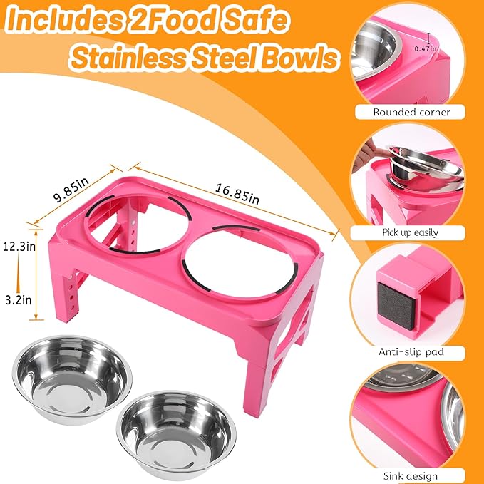Hubulk Elevated Dog Bowls with 2 Stainless Steel Food & Water Raised Bowls with No Spill Edge Non-Slip Stand Adjusts to 5 Heights(3.2", 8.77", 9.9",11.1", 12.3")for Small Medium Large Dog and Pet Pink