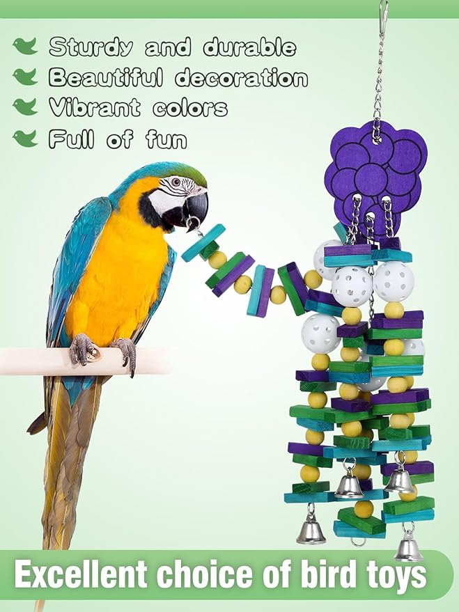 Large Bird Parrot Toys with Bells- Parrots Cage Chewing Toy Gift with Colorful Wood Blocks Beads- Bird Parrot Chewing Sticks Toys for Cockatoos African Grey Macaws and Amazon Parrots(Grape Style)