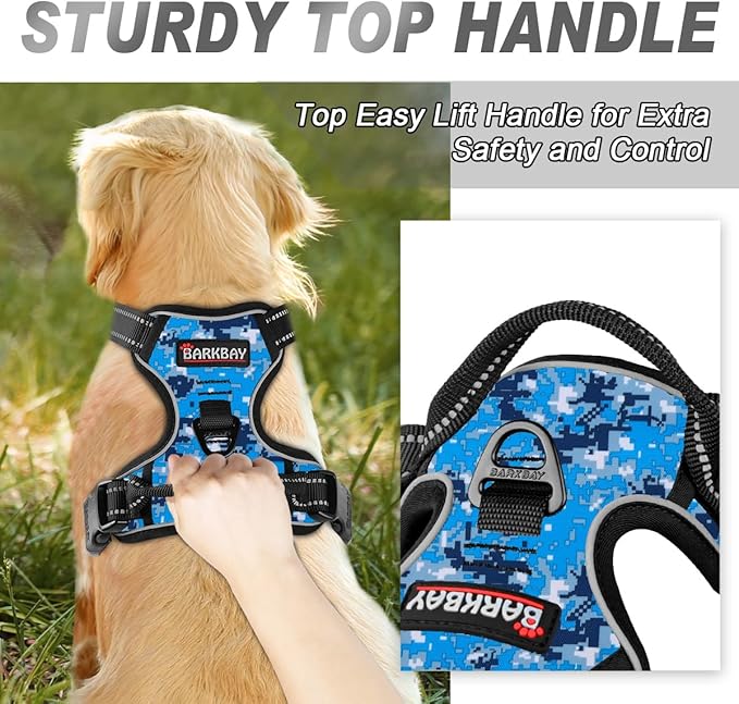 BARKBAY No Pull Dog Harness Front Clip Heavy Duty Reflective Easy Control Handle for Large Dog Walking(Blue camo,M)