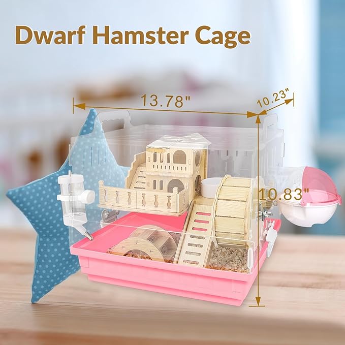 Cycodo 8 in 1 Acrylic Hamster Cage,2-Tier Dwarf Hamster Cage with Wooden Wheel & Hideout,Small Hamster Habitat with Accessories,Clear Pet Mice House(Pink,14" L*10" W*11" H)