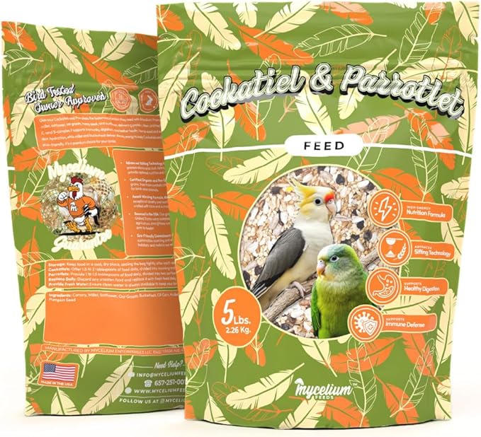 Mycelium Organic Cockatiel & Parrotlet Bird Seed (5 LBS) | Filler-Free Bird Food with Hulled Seeds for Cockatiels & Parrotlets | Supports Daily Energy, Immunity & Digestion | Non-GMO, Made in USA