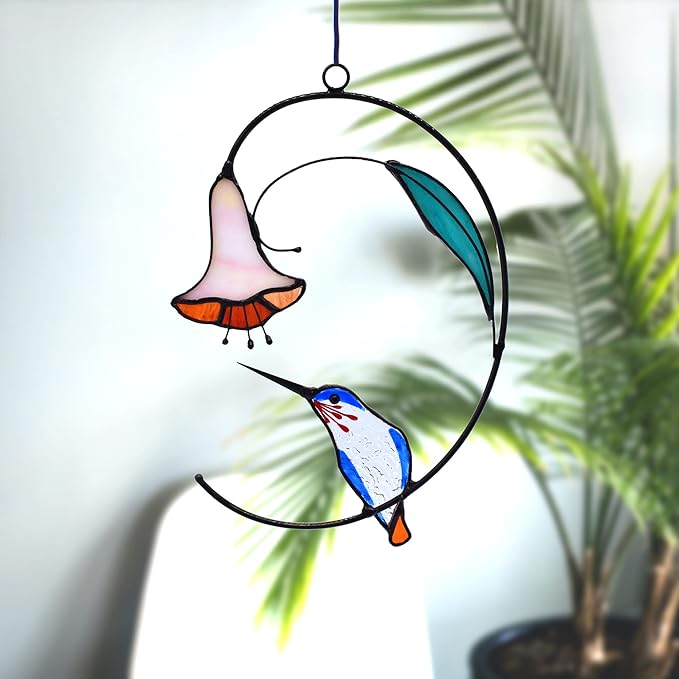 Lolitarcrafts Hummingbird with Flower Stained Glass Suncatcher Bird Stained Glass Window Hangings Hummingbird Gift for Home Decor (Blue)