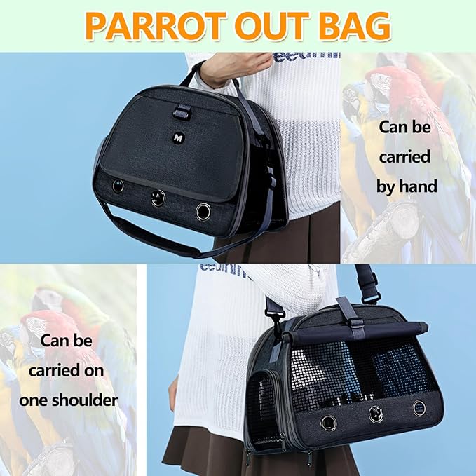Bird Backpack,with Feeder Cups Tray Perch Portable Breathable Bird Carrier,for Small Birds Parrots Cockatiels (Black)
