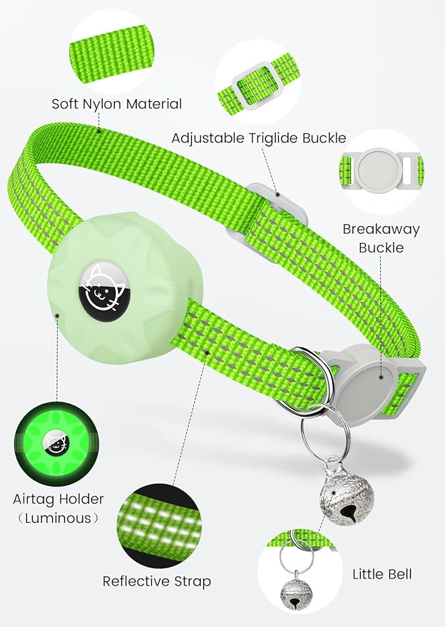 Apple AirTag Cat Collar, GPS Tracker Kitten Collar with Breakaway Feature, Lightweight and Reflective, Perfect for Cats and Puppies (Luminous Green)