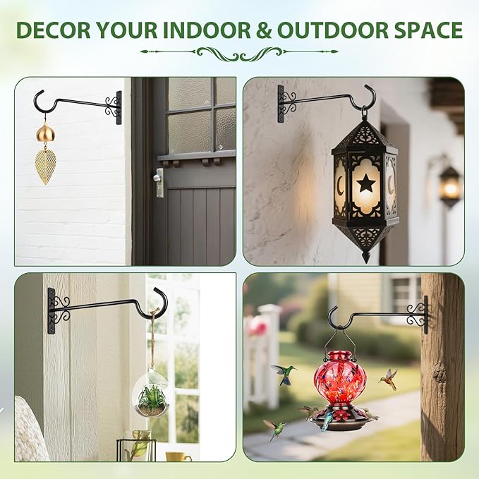 BOLITE Plant Hangers, 12 Inch Hanging Plant Brackets Outdoor or Indoor, Wall Hooks for Hanging Hummingbird Feeders, Bird Feeders, Planters, Lanterns, Wind Chimes, String Lights, 2 Pack, Black