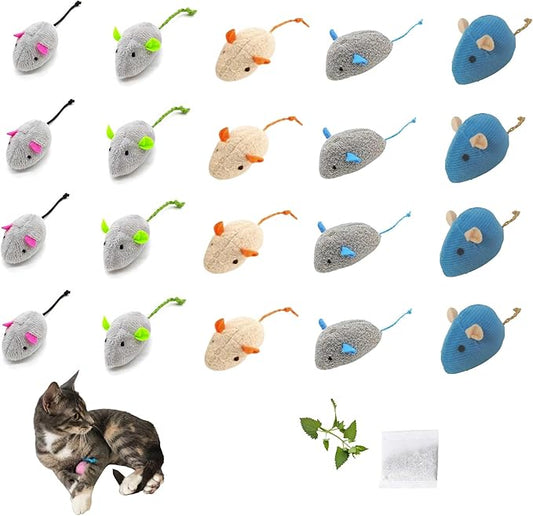 Cat Toys Mice for Bored Indoor Cats, 20 Pack Plush Mice with Catnip Smell and Bonus Pouch, Interactive Mouse Toy for Adult and Kitten (20 Pack Catnip Toys (5 Colors, 4 of Each Color))