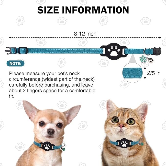 AirTag Cat Collar with Bells, Soft Velvet Cat Collar Breakaway with Airtag Holder, Safety Cat GPS Tracker Collars for Girl Boy Cats, Kittens and Puppies, Adjustable 8"-12"