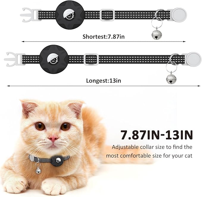 Apple AirTag Cat Collar, GPS Tracker with Reflective Breakaway Design, Lightweight Kitten Collar with Bell (Black/Luminous Blue)