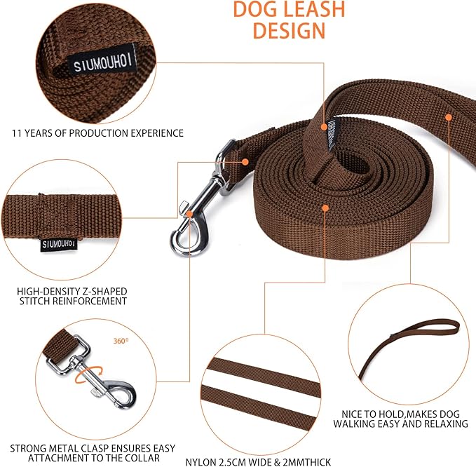 Strong Durable Nylon Dog Training Leash, 1 Inch Wide Traction Rope, 6 ft 10ft 15ft Long, for Small and Medium Dog (Brown, 10 Feet)