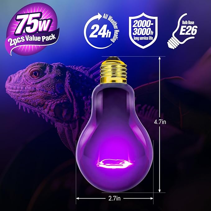 Leoterra Reptile Heat Lamp Bulb 75W - Night Black Moonlight Heat Lamp for Nocturnal Reptiles, Infrared Heating Bulb for Lizards, Snakes, Turtles & Amphibians, Compatible with Thermostat (2-Pack)