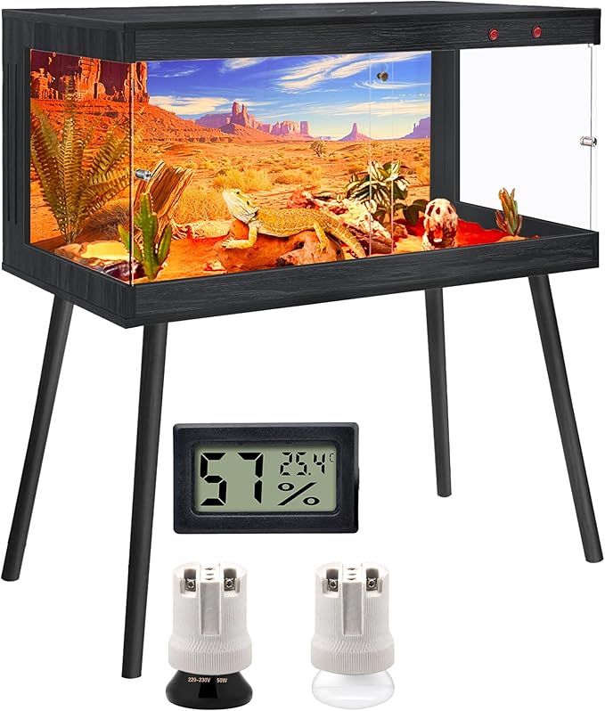 Royxen Tempered Glass Bearded Dragon Tank,33 Gallon Reptile Tank with Leg Stand,Built-in Lighting Reptile Enclosure Scartch-Proof Bearded Dragon Encloure for Chameleon,Lizard(Black,32"x 16"x 16")