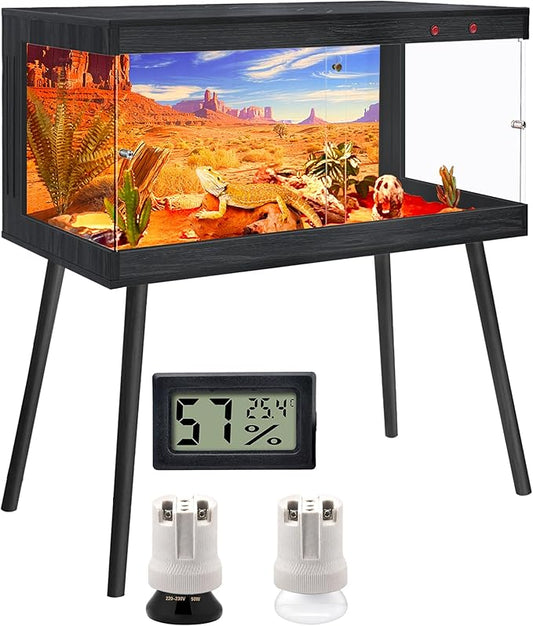 Royxen Tempered Glass Bearded Dragon Tank,33 Gallon Reptile Tank with Leg Stand,Built-in Lighting Reptile Enclosure Scartch-Proof Bearded Dragon Encloure for Chameleon,Lizard(Black,32"x 16"x 16")