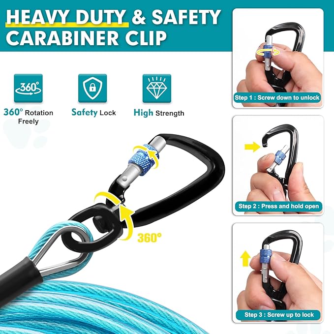 Snagle Paw Dog Leads for Yard 50FT-1000LBS Break Strength,Heavy Duty Tie Out Cable for Dogs with Swivel Lockable Hook & Spring,Chew Proof Dog Chain for Outside,Dog Run Cable for Medium Large Dogs