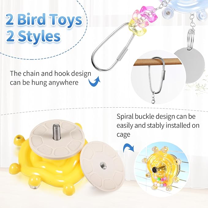 2Pcs Bird Spinner Hanging Toys for Parakeets, Interactive Wheel for Small Medium Parrots, Cockatiels, Conures - Rattle Chew Beak Exercise