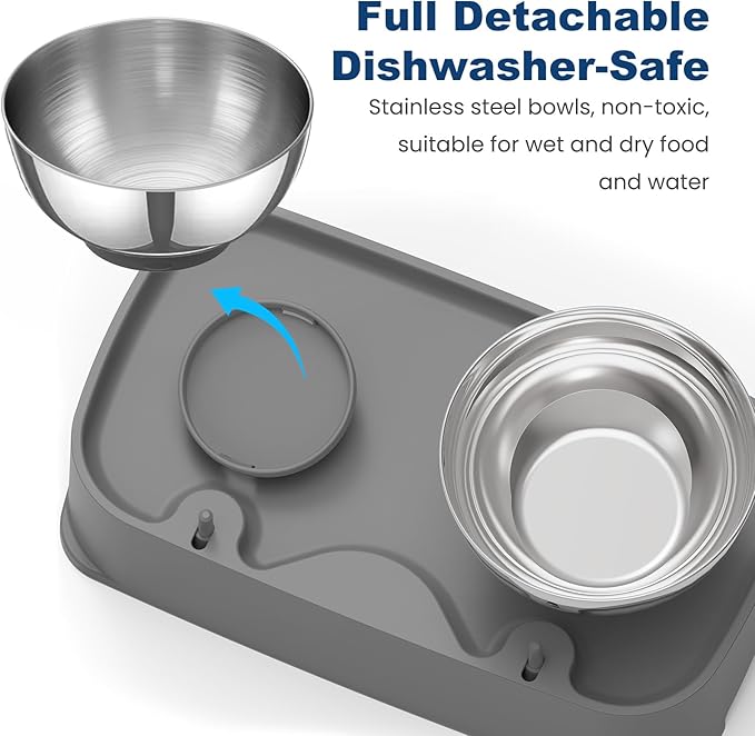 Elevated Cat Bowls, 4 Height Adjustable Cat Food Bowl Stainless Steel, Raised Dog Cats Bowls Elevated Pet Food and Water Bowl, Non-Slip Tilted Pet Feeder Anti Spill for All Cats Puppies