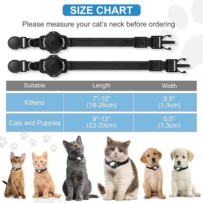 Luminous AirTag Cat Collar Breakaway, OUCWLTAG GPS Cat Collar with Apple Air Tag Holder, Cat Tracker Collars with Safety Elastic Band for Girl Boy Cats, Kittens and Puppies (Black, 7-10 Inch)