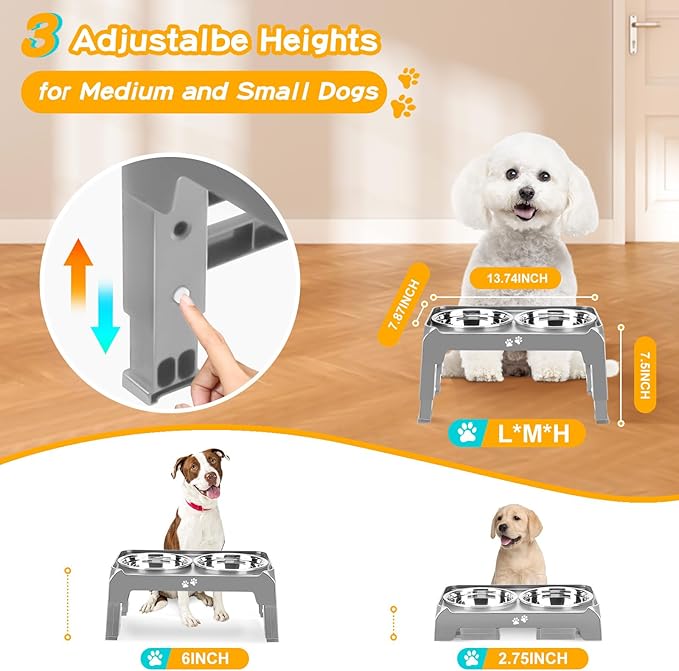 COMESOON Elevated Dog Bowls for Small Medium Dogs, 3 Height Adjustable Raised Stand with 2 Thick 6" Stainless Steel Food Bowls, Non-Slip Feeder Adjusts to 2.75", 6", 7.5", Grey