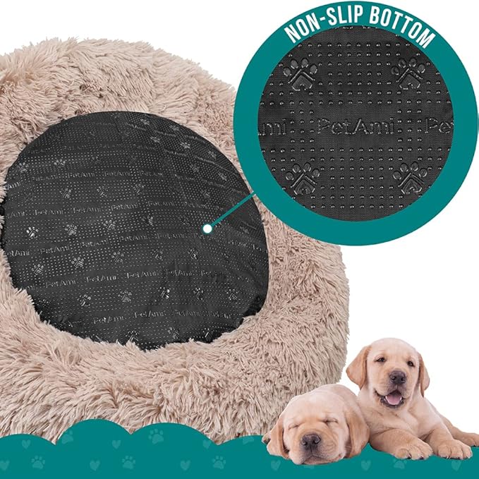 PetAmi Calming Dog Bed for Small Medium Dog Cat, Round Donut Dog Bed Washable, Fluffy Faux Fur Plush Cuddler Pet Kitten Cushion Bed, Anti-Slip, Fits up to 45 lbs, 30 inch, Taupe